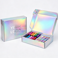 Boîte d'emballage cosmétique portable de luxe avec logo personnalisé, holographique, écologique, boîte cadeau en papier irisé, palette de fards à paupières, rouge à lèvres