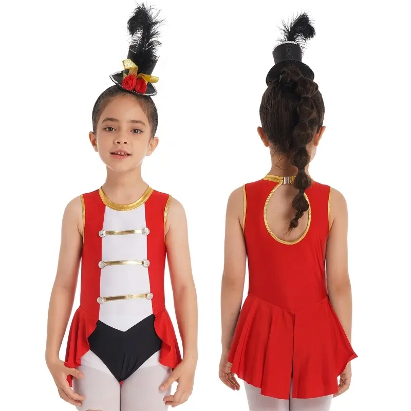Kinder Mädchen Zirkus Kostüm Ärmellose Schlüssel loch Zurück Knöpfe Verziert Kontrast farbe Jumps uit mit Mini-Zylinder für Cosplay Dress up
