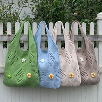 Sac fourre-tout en tricot floral avec applique florale 3D, sac à main ajouré en maille, sac de shopping souple pour le printemps et l'extérieur, logo personnalisé, faible MOQ, vente en gros