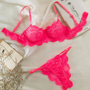 Conjunto de sujetador y Tanga transparente de 2 piezas al por mayor conjunto de lencería de encaje bordado de realce sexy - Product Image 6