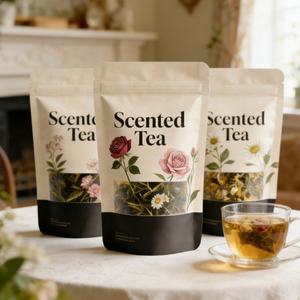 ถุงฟอยล์อะลูมิเนียมแบบตั้งได้ พิมพ์ลายโลโก้ตามสั่ง สำหรับชา อาหาร สัตว์เลี้ยง บรรจุภัณฑ์อาหารแบบใช้ซ้ำได้ ปิดผนึกได้ ถุงชาดอกไม้ - Product Image 2