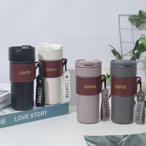 Taza de botella de agua con cierre de café de viaje portátil al vacío aislada de acero inoxidable con correa y manga, taza de postre con tapa - Product Image 5