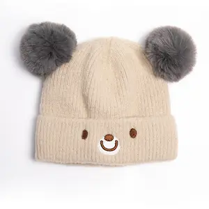 Tùy Chỉnh Độc Đáo Hài Hước Đáng Yêu Hai Đôi Pom Pom Pompom Mùa Đông Ấm Áp Unisex Trẻ Em Trẻ Em Đan Mẫu Mũ Beanie