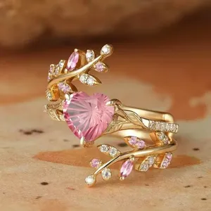 Anelli ZhuQian all'ingrosso con zirconi a forma di cuore rosa dolce per donna, gioielli di lusso placcati oro a più strati con rami delicati e brillanti - Product Image 2