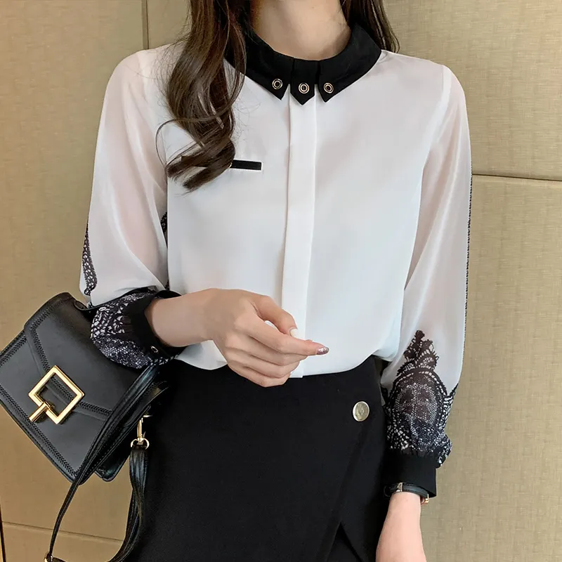 2022 South Korean Style Western Style Versatile Women's Design Blouse Fashion Embroidery Long Sleeve White Top