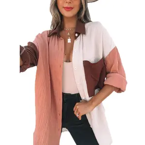 Lente Zomer Mode Vrouwen Nieuwe Patchwork Shirt Elegant Woon-Werkverkeer Contrast Revers Buttons Cardigan Streetwear Dames Casual Blouses