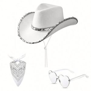 En stock : Ensemble de 3 chapeaux de cowboy/cowgirl blancs avec lunettes carrées et bordure argentée pour fête - Product Image 2