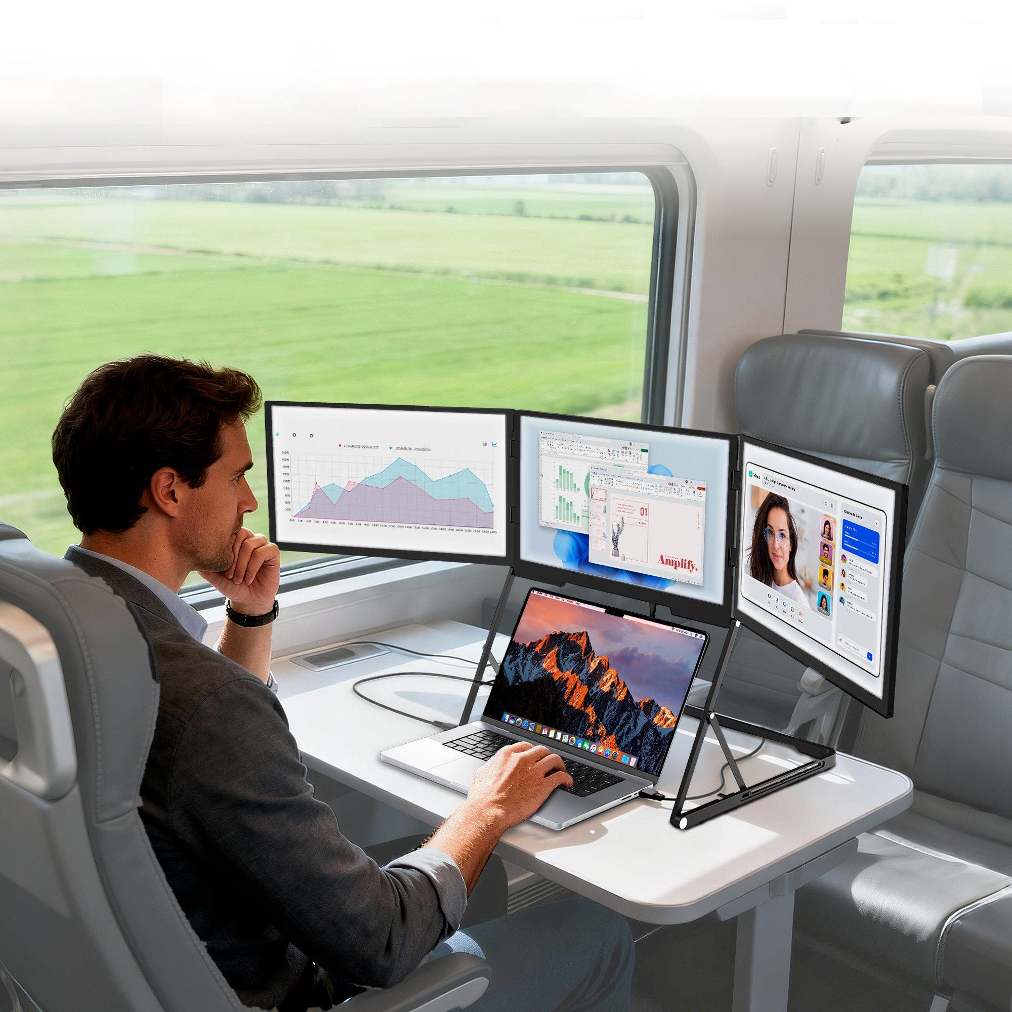 <strong>2026</strong> 18.5inch Portable Triple <strong>Screen</strong> Monitor One-Cable Ergonomic Adjustable Stand FHD Resolution Hot Selling for Small Meetings