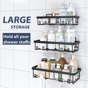 Étagère murale de salle de bain à 3 niveaux en métal avec crochets et support pour brosses à dents - Product Image 3