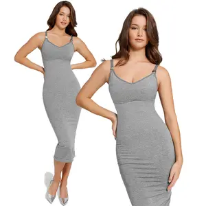 2024 grosir elegan kasual mulus Deep V-Neck Maxi Shapewear gaun untuk wanita kain Woven dengan ukuran elastis 4XL