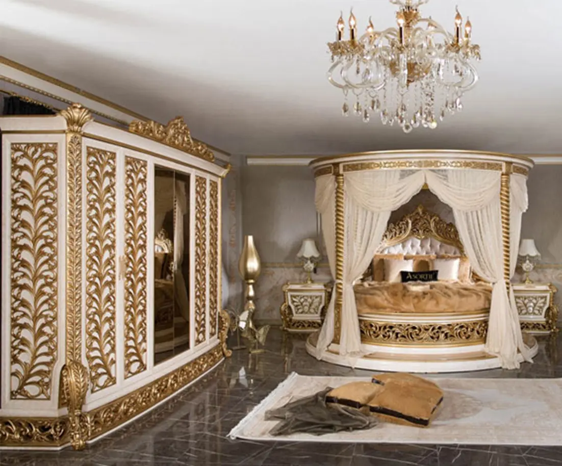 Ouro real italiano clássico esculpida móveis quarto conjunto luxo antigo King cama lateral com nightstands