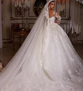 NDA10014 Luxury Lace Dubai Wedding Dresses Long Sleeves Sequins Beads Sheer Neck Appliques Glitter Tulle Bride Gowns - Product Image 4