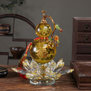Crystal Gourd <b>Ornament</b> Glass Purple Yellow With Lotus Base Home Decoration Gift - Product Image 4