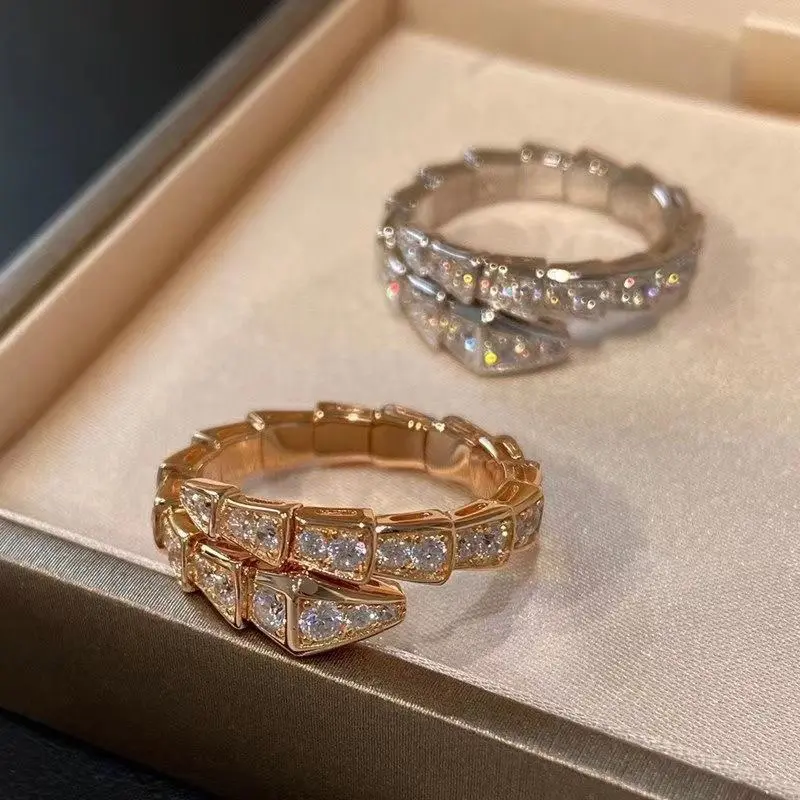 Luxury Designer Jewelry Diamond Zircon 18k Gold Plated Stainless Steel Adjustable Snake Ring for Women