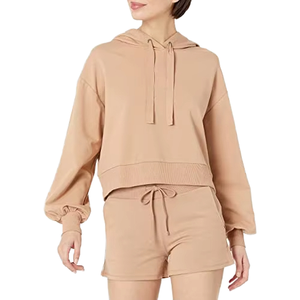 Sudadera con Capucha Corta Casual de Manga Larga para Mujer, Tallas Grandes, Color Marrón Liso con Logo Frontal, Antienvejecimiento, Más Vendida - Product Image 1
