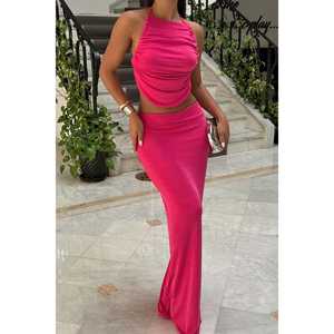 Ensemble jupe en tricot rayée fuchsia, style club décontracté, tenues d'été avec hauts courts et longs, pantalon tissé coupe ajustée - Product Image 5