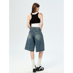 Jin Jing, verano 2025, pantalones vaqueros de cinco puntos para mujer, cintura alta, ajustados a sueltos, informales, pantalones de pierna ancha, mezclilla de estilo americano - Product Image 5