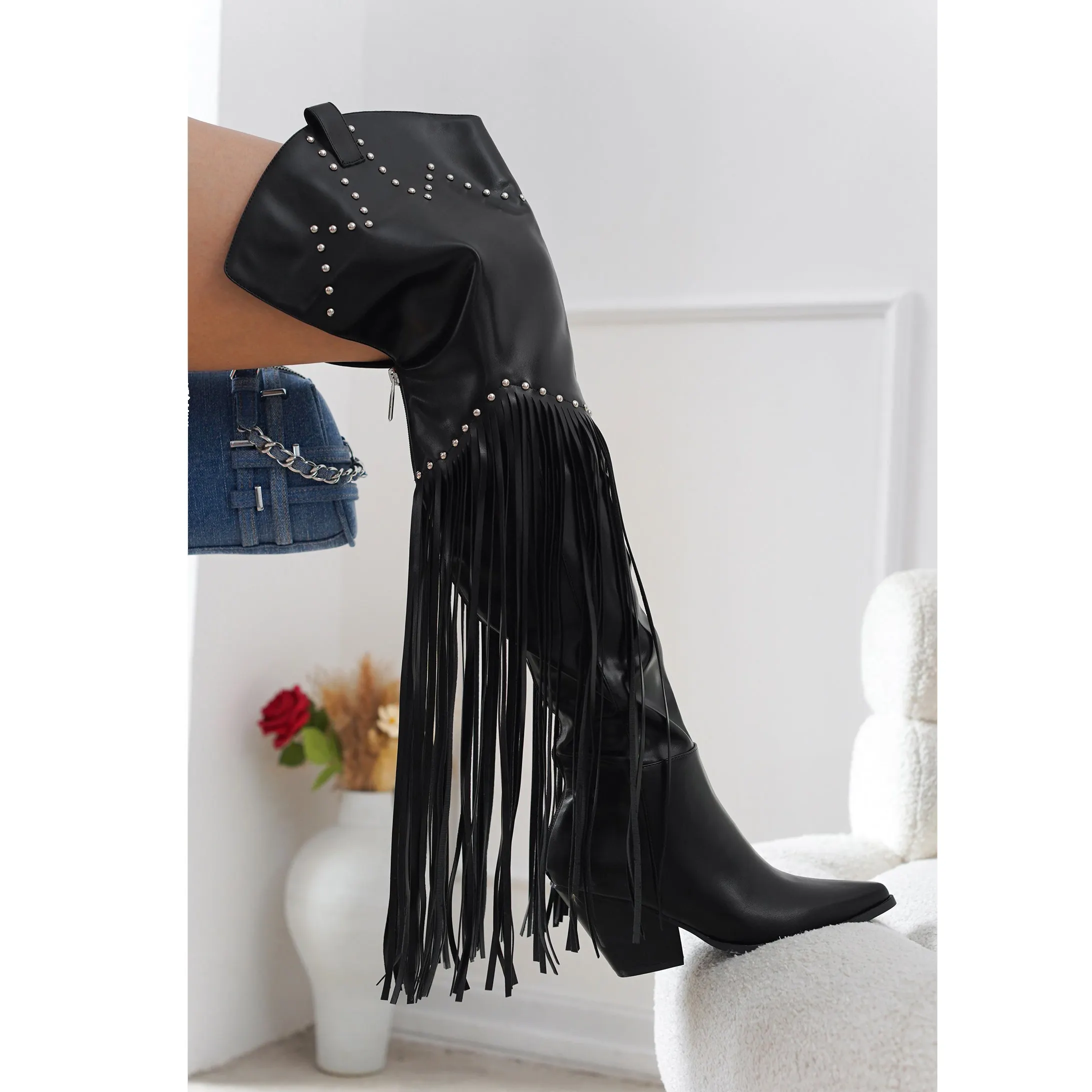 SHIKOL noir marron ruban frange Western bottes femmes chaussures personnalisées en cuir talons épais dames Rivet cuisse haute Cowboy bottes