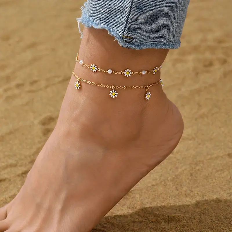 New Fashion Daisy Ankle Bracelet Ankle Decoration Summer Beach Daisy Pearl Anklets for Women