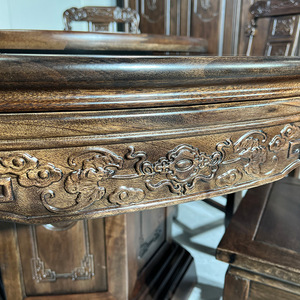 Ensemble de table à manger ronde en bois massif Dazhang Jiaju avec plateau tournant, 6 pièces, style de sculpture chinoise, pour salle à manger - Product Image 3