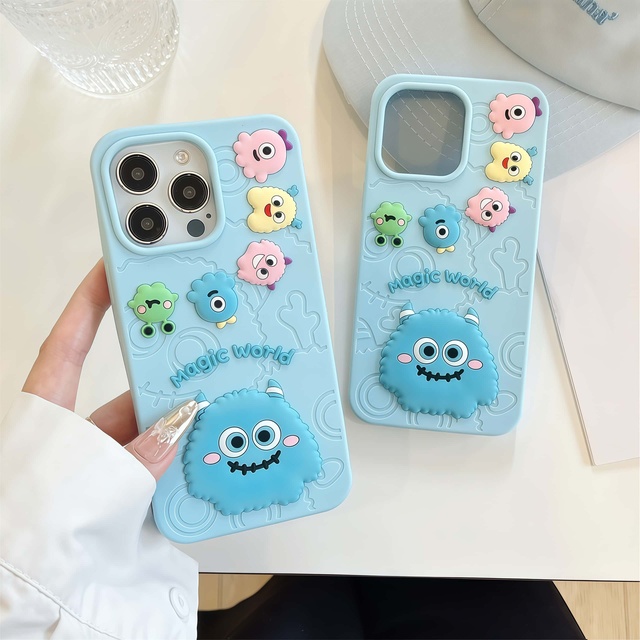 Cute Furry Monster Family Mobile Phone Case for 13/14/15/16 Pro Max Soft Real Silicone Shockproof Hot Stamped Case