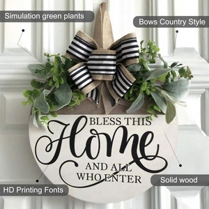 Rustic Artificial Wood <b>Door</b> Sign with <b>Wreath</b> 30cm Modern American Country Welcome Plaque - Product Image 1
