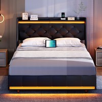 Cadre de lit noir taille Full/Queen avec rangement relevable, cadre de lit rembourré taille Double avec tête de lit, cadre de lit avec éclairage LED