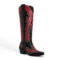 WETKISS Drop Shipping Bottes de cowgirl noires et rouges pour femme, à bout pointu, hauteur genou, cloutées, patchwork, découpées, à talon épais