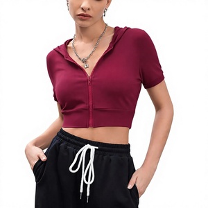 Women's Solid Color Hooded <b>Zipper</b> Crop <b>Top</b> Short Sleeve Knitted Breathable 100% Cotton Anti-Pilling Embroidery Winter Casual - Product Image 1