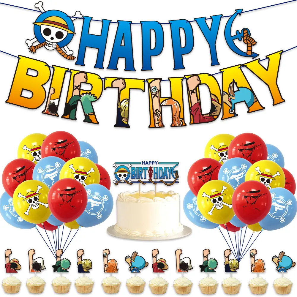 Anime Theme Birthday Party Decoration Set One Piece Luffy Ace Printed Balloon Banner Cake Card Scene Layout Party Event K0050