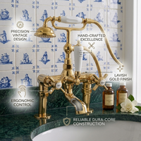 Robinet de baignoire rétro à montage sur pont, finition brossée, avec poignée en céramique en forme de croix et douchette à main pour salles de bain de villas