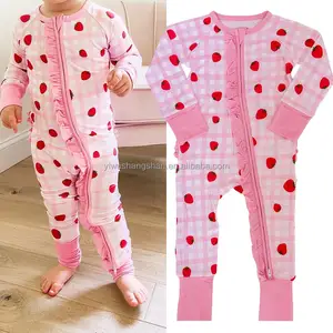 Hoge Kwaliteit Baby Meisjes Slaap Romper Zachte Bamboe Stof Custom Cabriolet Voeten Ruche Rits Pyjama Met Kont