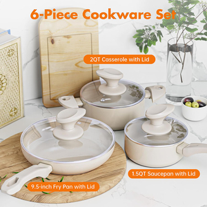 Ensemble de casseroles en céramique antiadhésives modernes 6 pièces avec poignées en bakélite et couvercles en verre pour cuisinières à gaz et à induction - Product Image 6