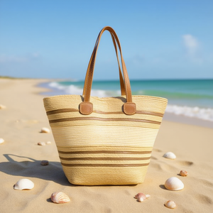 Sac fourre-tout en herbe tressée Angelina 42x28x12cm, sac de plage rayé naturel pour pique-nique - Product Image 2