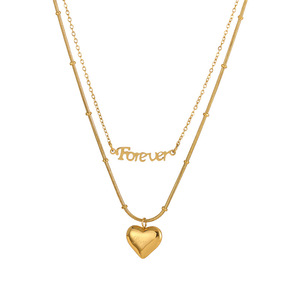 Delicata Collana Girocollo a Doppio Strato con Ciondolo a Cuore e Scritta 'Forever' in Acciaio Inossidabile Placcato Oro, Regalo per Donne - Product Image 1