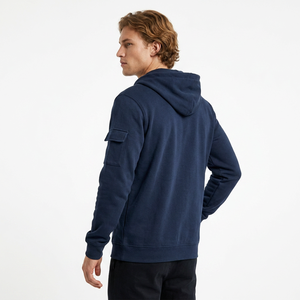 Sudadera con capucha azul marino para hombre, media cremallera, corte regular, algodón French Terry, diseño casual con bolsillos, para otoño, 320-580 GSM, ecológica, frontal - Product Image 3