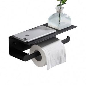 Porte-papier toilette multifonctionnel en acier inoxydable antirouille, support mural en métal noir adhésif pour hôtel, salle à manger, salle de bain - Product Image 1