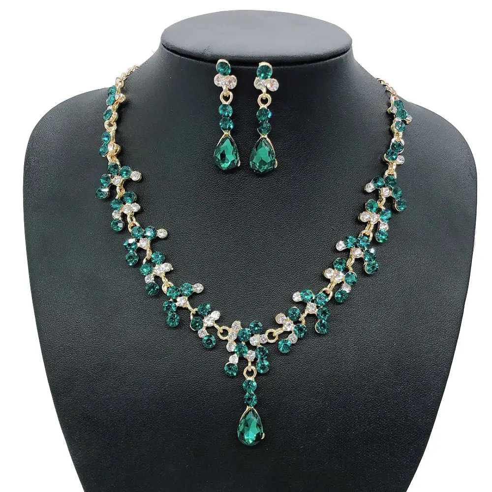 Earrings Necklace Set Wedding Bridal Jewelry Set Luxurious 18K Gold Women Green Sapphire Jewelry Set