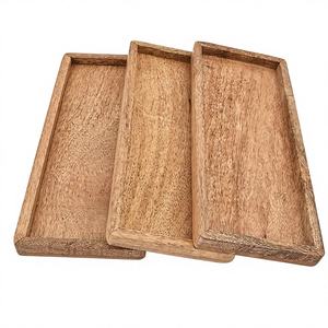Juego de 3 Platos de Servir Samhita Hechos a Mano de Madera de Mango Marrón Clásica con Borde Elevado para Exhibir Frutas, Aperitivos y Sushi, 12 x 5 Pulgadas - Product Image 1