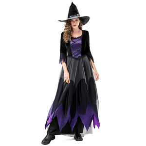Witch Costume Black <b>Purple</b> Dress With <b>Hat</b> Women Halloween Cosplay Fancy Dress Role Play Set - Product Image 2