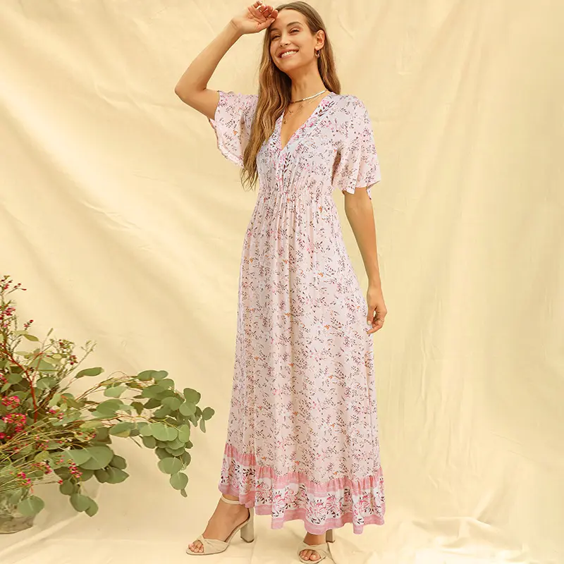 Wholesale Summer Girls Rayon Short Sleeve Bohemian Size From S To Xl Beach Maxi Long Casual Dresses