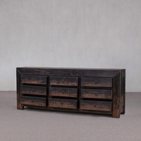 Armoire de salon en bois massif artisanale traditionnelle à 9 tiroirs, patine noire vieillie