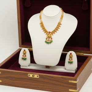Traditional South Indian temple style gold necklace set with pearl chains antique finish <b>red</b> and green stones pendant bead <b>drops</b> - Product Image 1