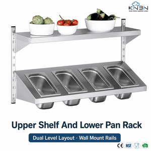 Heavy Duty <b>Wall</b> <b>Mounted</b> Stainless Steel Shelf with 4 Compartment GN Pan Rack Dual Level Ingredient Storage for Canteen Buffet - Product Image 2