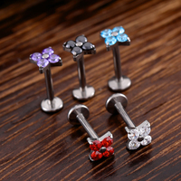 Piercing d'oreille en titane ASTM F136, labret à quatre feuilles de trèfle en zircon cubique rond, à filetage interne et dos plat, pour cartilage