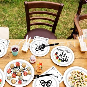 Ensemble de vaisselle jetable pour fête d'anniversaire avec nœud noir, assiettes en papier, gobelets, serviettes, fourchettes, kit de fournitures élégantes pour fête - Product Image 3