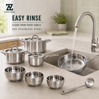 Batterie de cuisine Zhenneng 12 pièces en acier inoxydable, compatible induction, grande capacité, comprenant poêle, casserole à lait, bols et louche à soupe