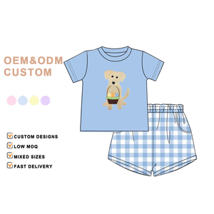 Puresun OEM ODM Completi Estivi Coordinati per Fratelli, Set Gemellari con Applicazioni Cucciolo, <span class=keywords><strong>Abbigliamento</strong></span> <span class=keywords><strong>Boutique</strong></span> per Bambini con Bordo Ondulato - Product Image 2