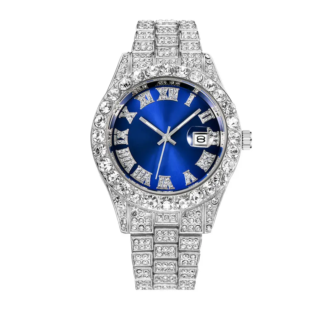 Luxury Custom Bling Hip Hop Fully Iced Out Watches Silver Gold Blue Dial Quartz Diamond Watches Men Wrist YT051