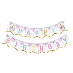 Suministros de decoración de fiesta de cumpleaños de niña, banderín de papel desechable de unicornio, feliz cumpleaños